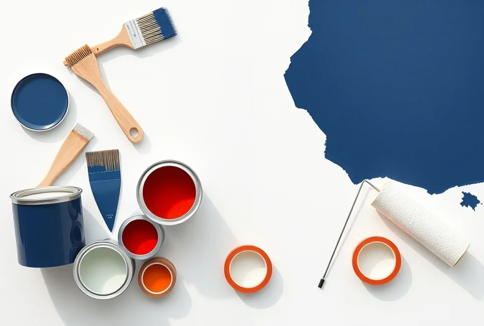 Pots de peinture, nuancier, brosses et rouleaux disposés à plat