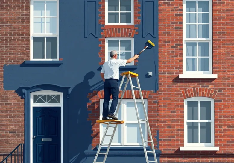 Peintre sur échafaudage traitant la façade d'une maison