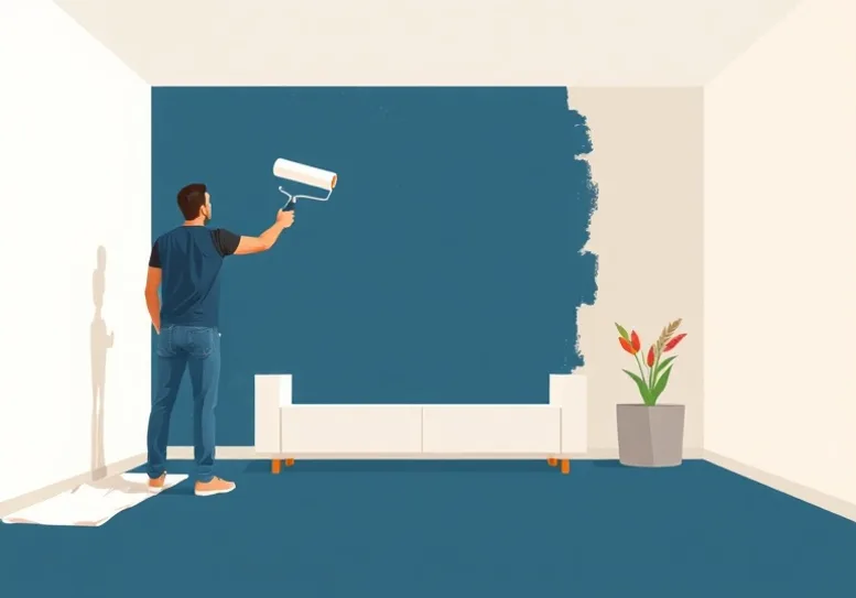 Peintre appliquant la peinture au rouleau sur un mur de salon